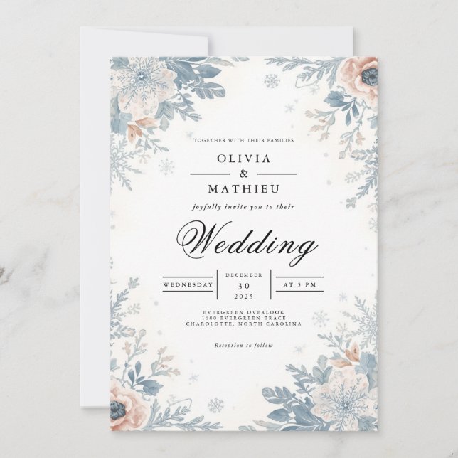 Invitación Boda de acento floral azul turbio (Anverso)