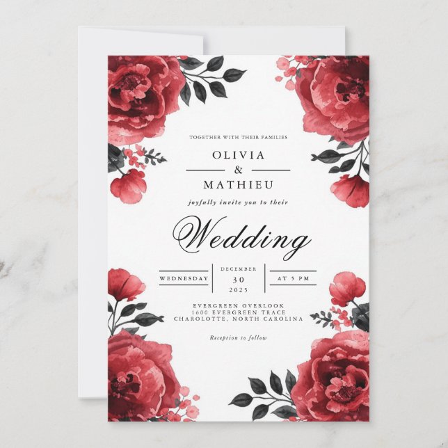 Invitación Boda de acento floral en sangre de Crimson (Anverso)