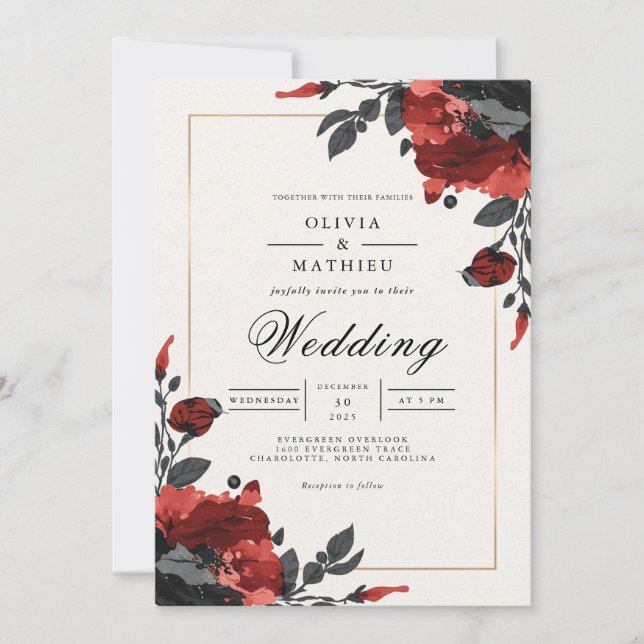 Invitación Boda de acento floral rojo profundo (Anverso)