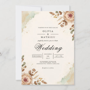 Invitación Boda de acento floral Sepia cálido
