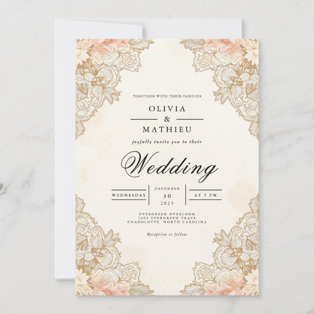 Invitación Boda de acento floral Sepia Lace (Anverso)