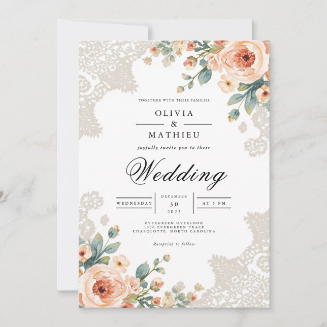 Invitación Boda de acentos de encaje de la flor del pasto (Anverso)