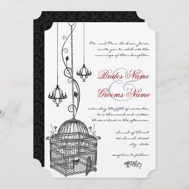 Invitación Boda de acentos rojos de candelabro de pájaro blan (Anverso / Reverso)