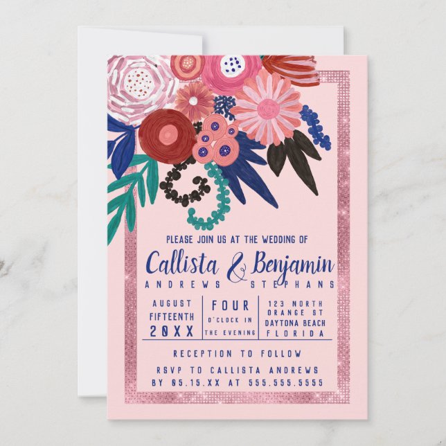 Invitación Boda de acrílico floral del Purpurina rojo rosa az (Anverso)