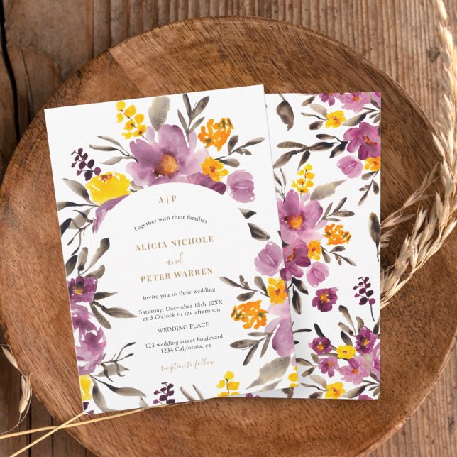 Invitación Boda de acuarela amarillo púrpura Boho (Boho wildflowers purple yellow Watercolor Wedding Invitation)