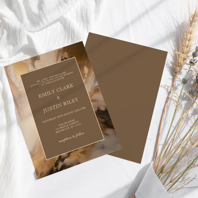Invitación Boda de acuarela artística de chocolate de oro mod (Subido por el creador)