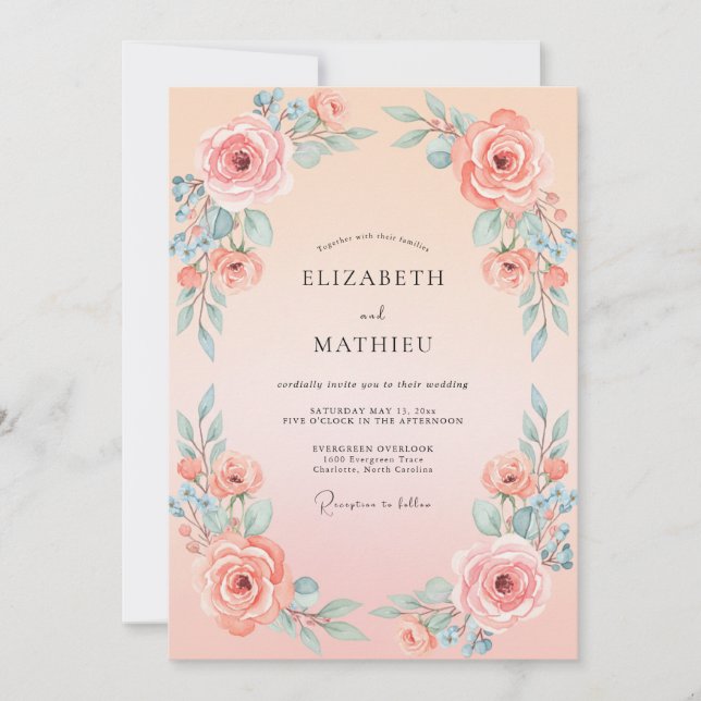 Invitación Boda de Acuarela Atemporal de Melocotón (Anverso)