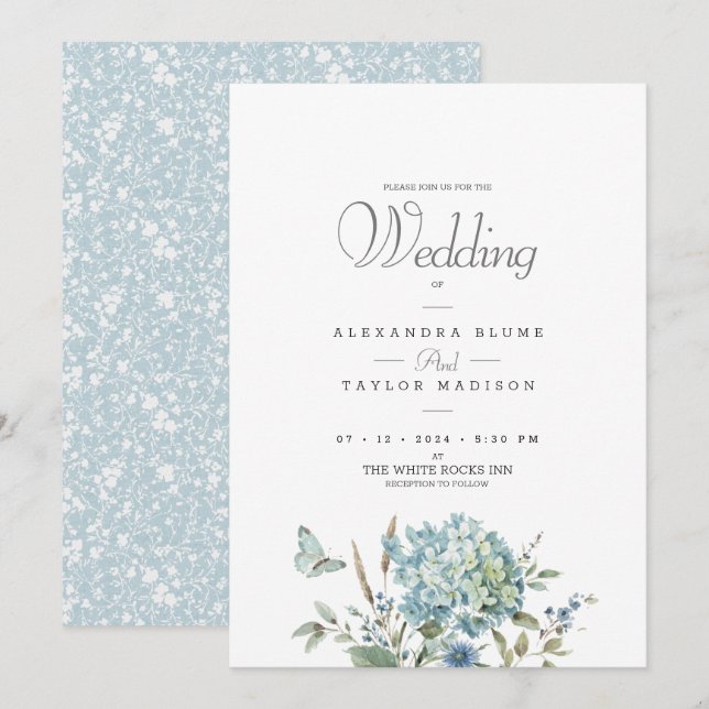 Invitación Boda de acuarela azul botánico bohemio (Anverso / Reverso)