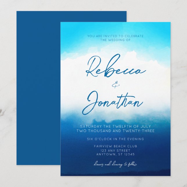 Invitación Boda de acuarela azul costero de Ocean Beach (Anverso / Reverso)