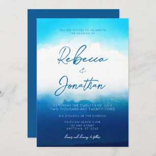 Invitación Boda de acuarela azul costero de Ocean Beach