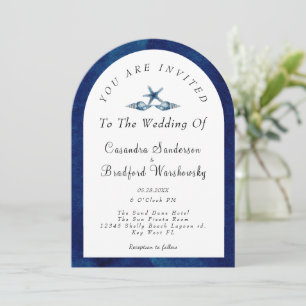 Invitación Boda de acuarela azul de la marina azul de la play