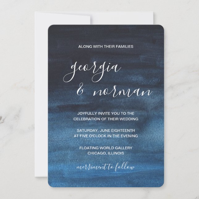 Invitación Boda de acuarela azul de la Marina moderna (Anverso)