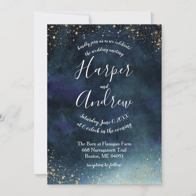 Invitación Boda de acuarela azul de la marina nocturna Starry (Anverso)
