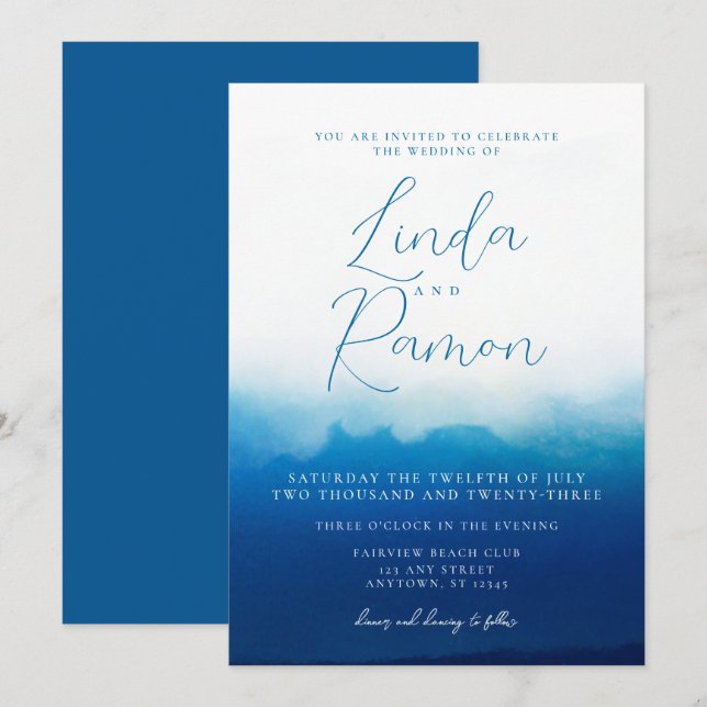Invitación Boda de acuarela azul de Ocean Waves Beach (Anverso / Reverso)