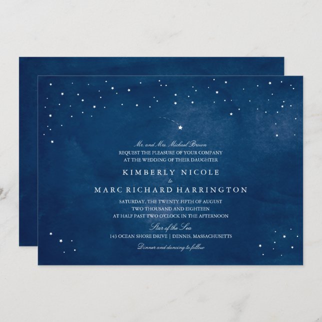 Invitación Boda de acuarela azul de Star Navy (Anverso / Reverso)