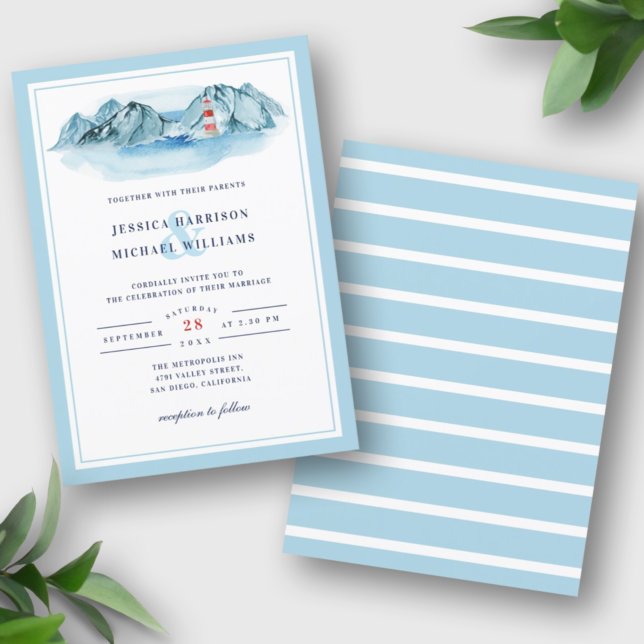 Invitación Boda de acuarela azul del faro Ocean Mountain (Subido por el creador)