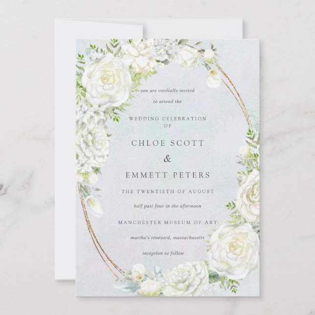 Invitación Boda de acuarela azul floral blanca (Anverso)