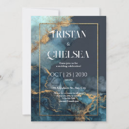 Invitación Boda de Acuarela Azul Mármol de Oro de Lujo