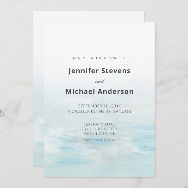 Invitación Boda de acuarela azul moderno (Anverso / Reverso)