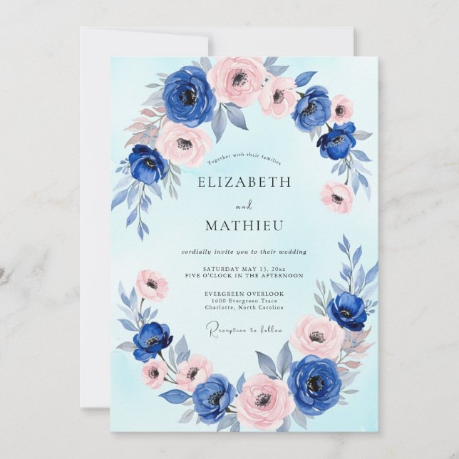 Invitación Boda de Acuarela Azul Real Delicada (Anverso)
