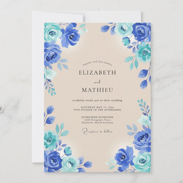 Invitación Boda de Acuarela Azul Real Intenso (Anverso)