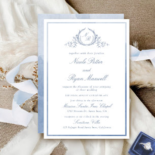 Invitación Boda de acuarela azul turbio todo en uno monograma