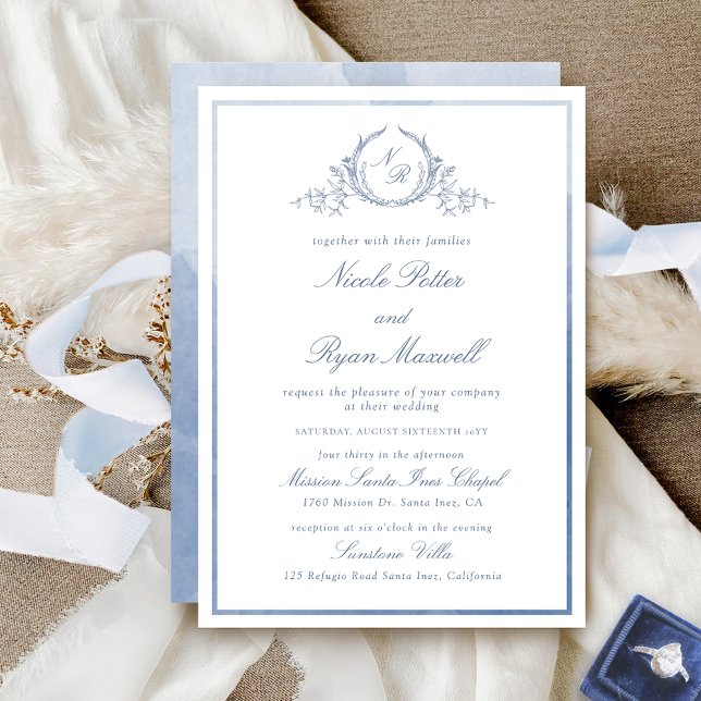Invitación Boda de acuarela azul turbio todo en uno monograma (Subido por el creador)