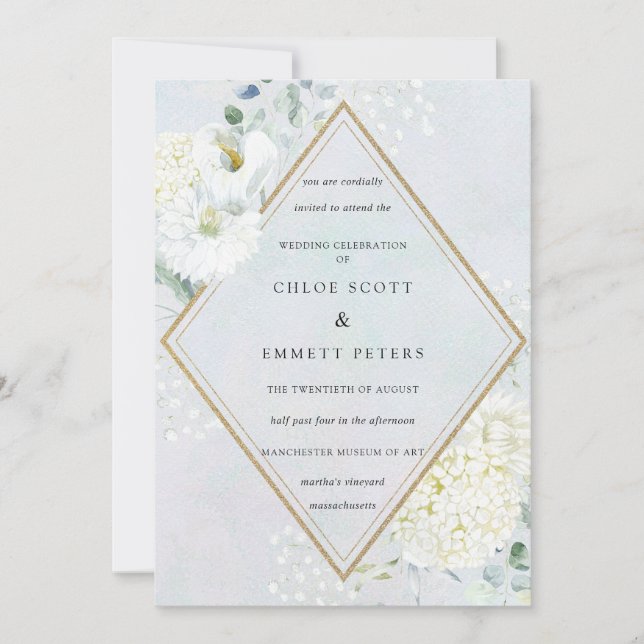 Invitación Boda de acuarela azul turbio y floral blanco (Anverso)