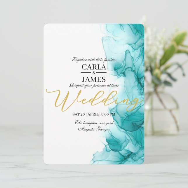 Invitación Boda de acuarela azul turquesa Airy moderno (Anverso de pie)