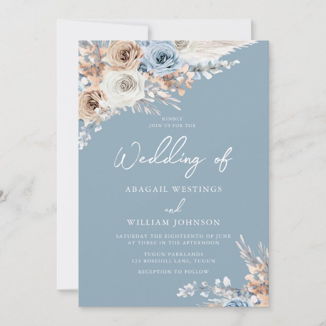 Invitación Boda de acuarela azul y azul turbio (Anverso)