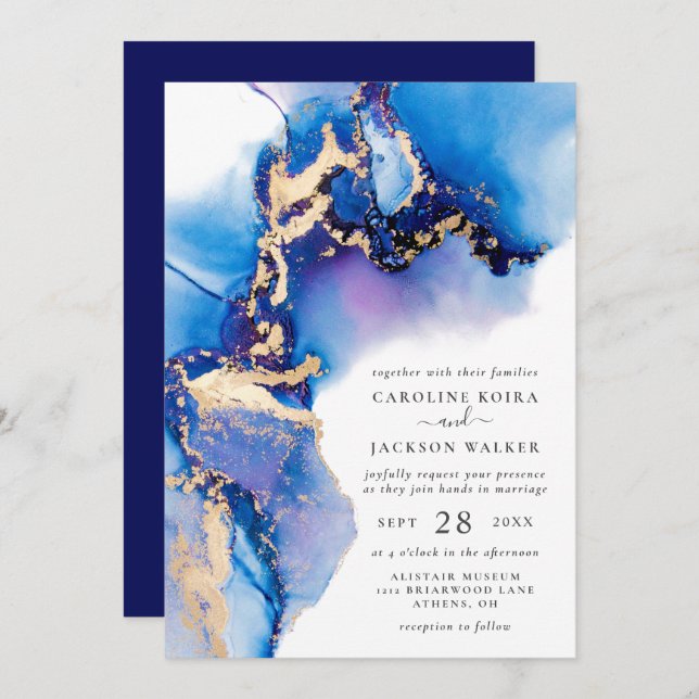 Invitación Boda de acuarela azul y dorado (Anverso / Reverso)