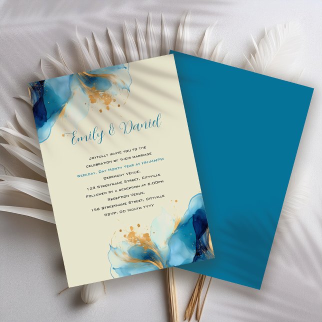 Invitación Boda de acuarela azul y dorado abstracto (Subido por el creador)