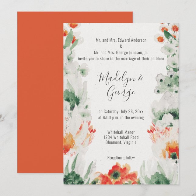 Invitación Boda de acuarela blanca verde Naranja rusa (Anverso / Reverso)