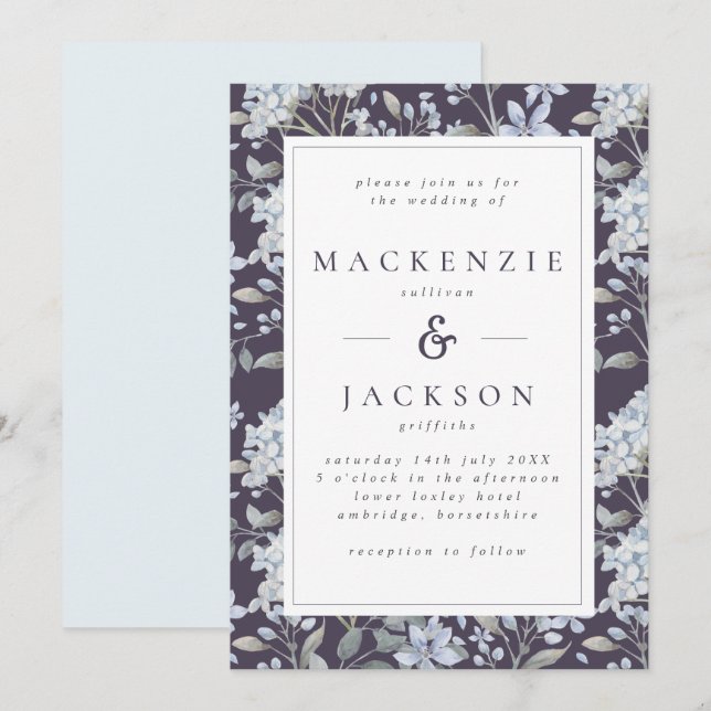 Invitación Boda de acuarela Blue & Navy Hydrangeas (Anverso / Reverso)