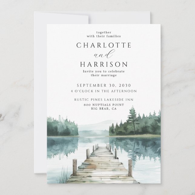 Invitación Boda de acuarela bosque montaña lago  (Anverso)