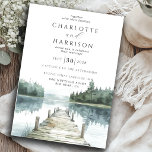 Invitación Boda de acuarela bosque montaña lago<br><div class="desc">Invitación de boda de acuarela rústica de bosque de montaña junto al lago, con un sereno lago de montaña y bosque de pinos circundante, con un muelle que conduce al agua. Tipografía clásica y tonos suaves de azul y verde. Para una perfecta boda de destino en la naturaleza. Disponible para...</div>