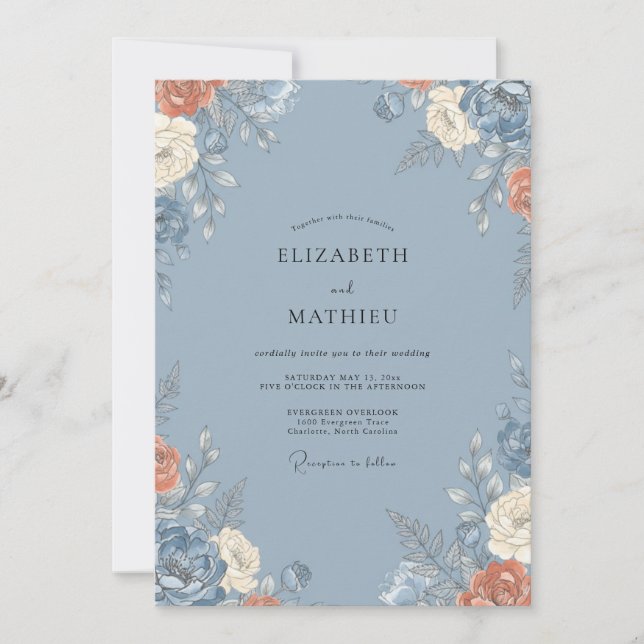 Invitación Boda de Acuarela Botánica Azul de Aciano (Anverso)