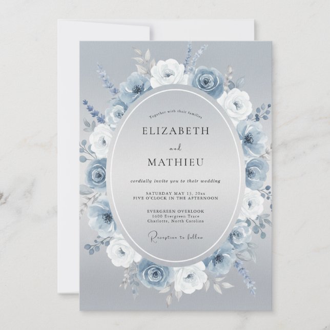 Invitación Boda de Acuarela Botánica Azul Hielo (Anverso)