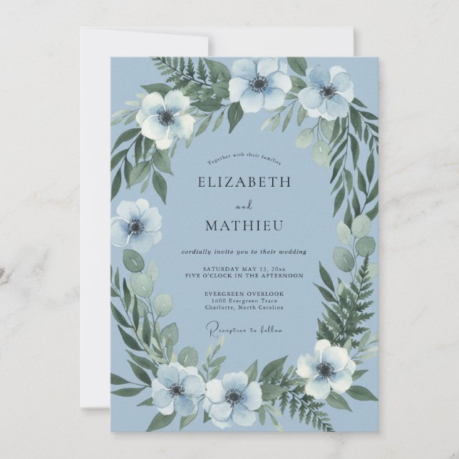Invitación Boda de Acuarela Botánica Azul Pizarra (Anverso)