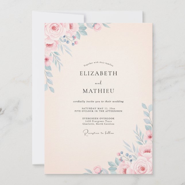 Invitación Boda de Acuarela Botánica Azul Rubor (Anverso)