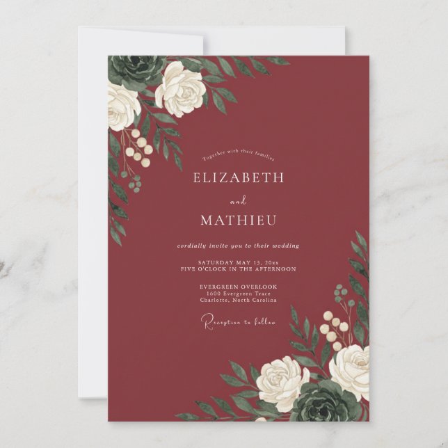 Invitación Boda de Acuarela Botánica Blanca de Borgoña (Anverso)
