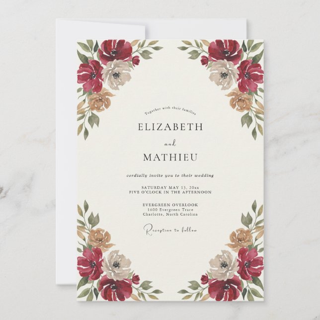 Invitación Boda de Acuarela Botánica Carmesí (Anverso)