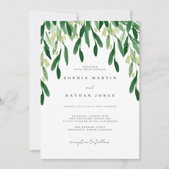 Invitación Boda de acuarela botánica de hoja verde (Anverso)
