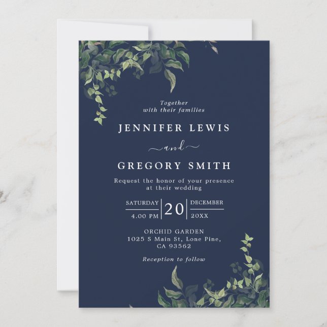 Invitación Boda de acuarela botánica de la Marina Blue Greene (Anverso)