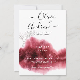 Invitación Boda de acuarela botánica de plata roja de Borgoña
