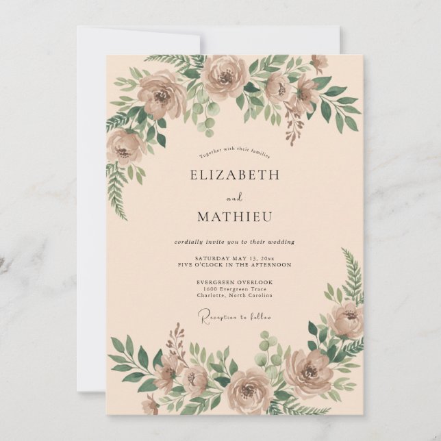 Invitación Boda de Acuarela Botánica de Rosa Silenciada (Anverso)
