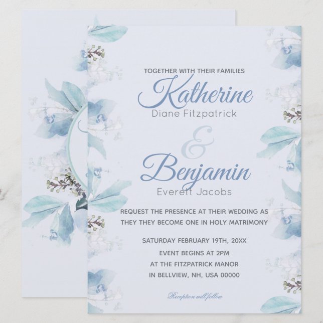 Invitación Boda de acuarela botánica Dusty Blue (Anverso / Reverso)