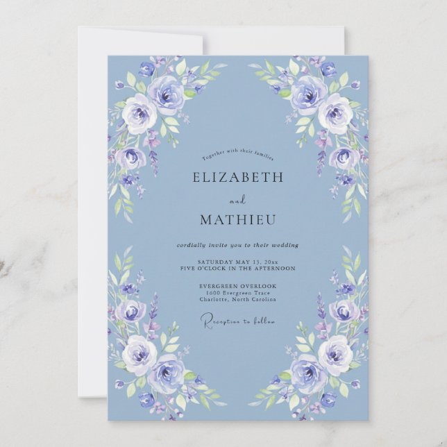 Invitación Boda de Acuarela Botánica Etérea de Periwinkle (Anverso)