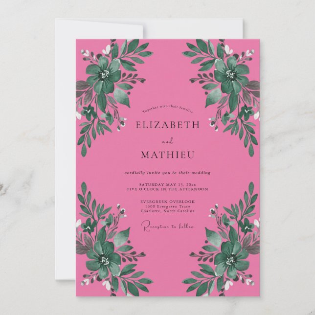 Invitación Boda de Acuarela Botánica Fuchsia (Anverso)