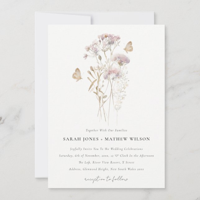 Invitación Boda de acuarela botánica Lilac Wildflower Fern (Anverso)